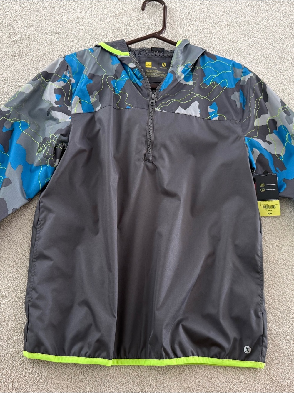 Boys' Xersion lightweight Hooded Windbreaker Jacket Gray with Blue Camo Accents